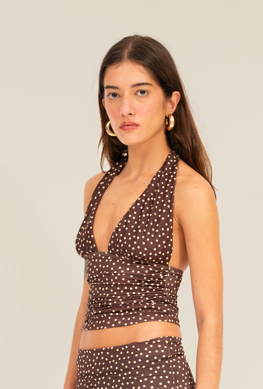 Blusa Halter Poá Marrom
